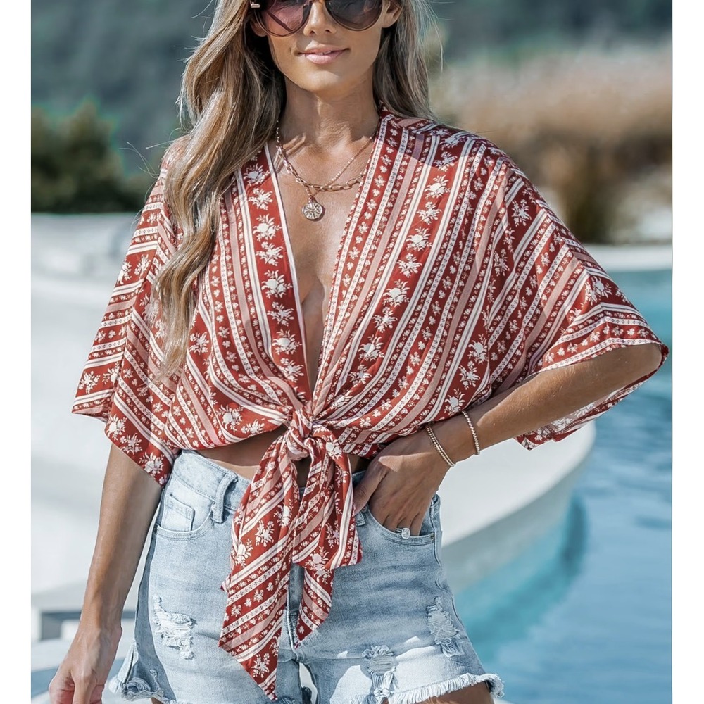 Cupshe Women's Open front Tie Twist Boho Top XS NEW Red Hippie Beachy